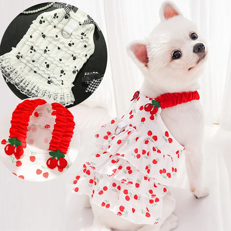 

Breathable Bow Halter Summer Lace Dog Skirt Spring Cherry Dog Cat Princess Party Dress Teddy Yorkie Bichon Elastic Cute Clothes