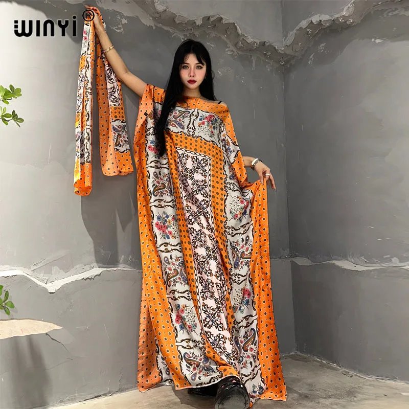 

WINYI summer boho print african dresses for woman Muslim Dashiki Caftan holiday Design With belt evening dress evening dress