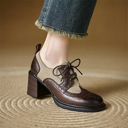 2025 New Spring/autumn Brogue Designs Cow Leather Woman Shoes Round Toe High Heel Women Pumps Shoes for Women Fashion Loafers
