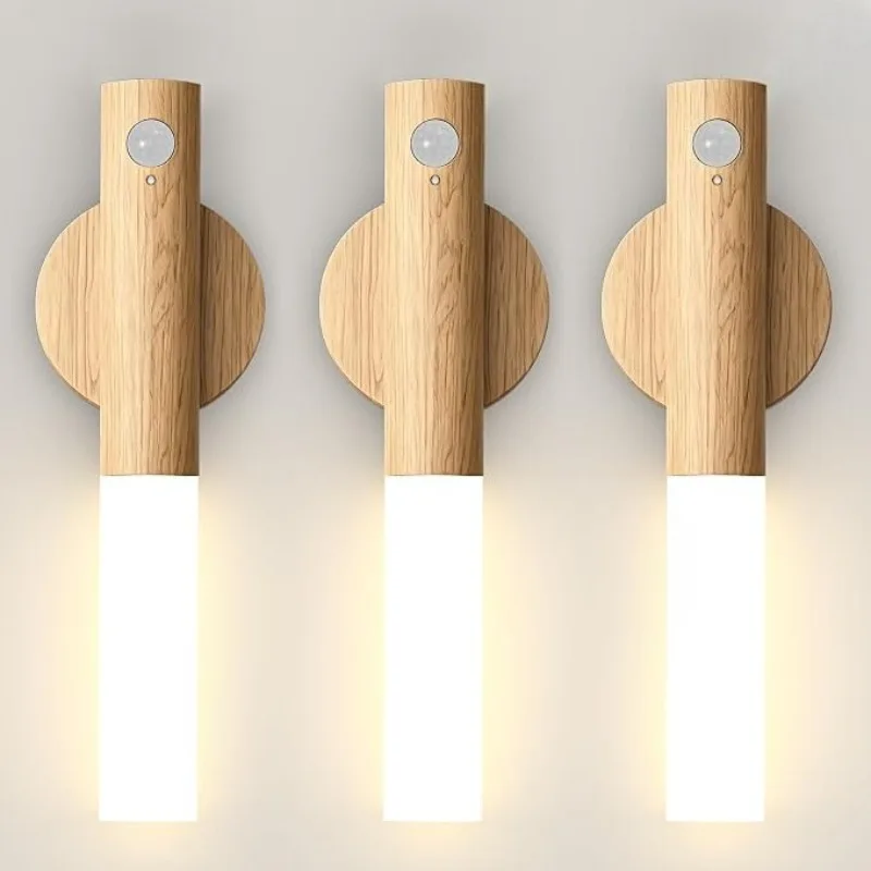 Motion Sensor Light Rechargeable Magnetic Night Lights Wooden Wall Decor for Stairways Hallways Bedrooms and Picture Lighting