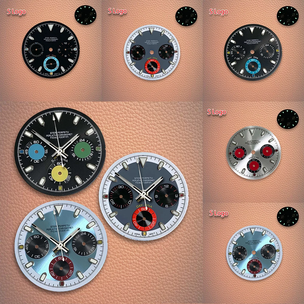 

29,8 мм S логотип, красочный циферблат с пандой, циферблат VK63, без стрелок, подходит для механизма VK63, зеленые светящиеся аксессуары для модификации часов
