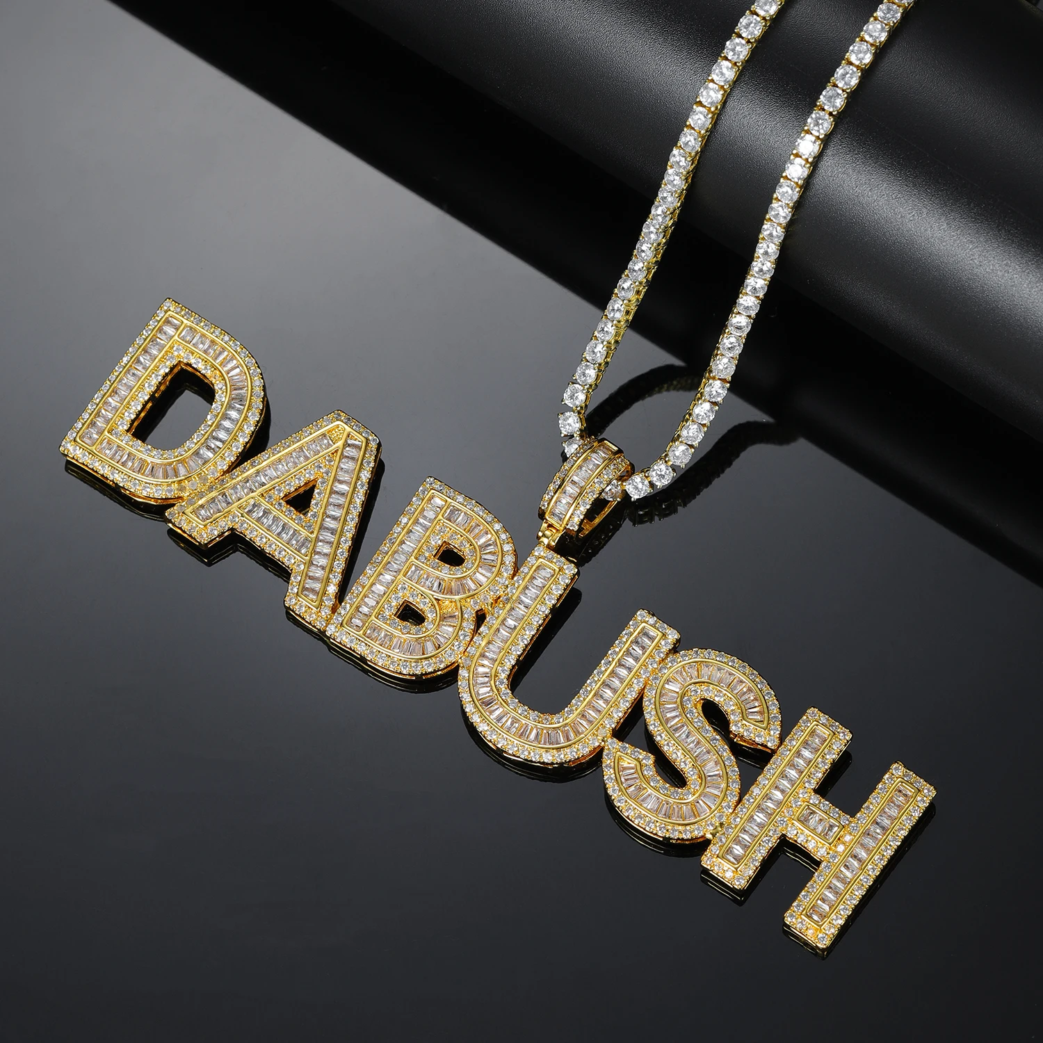 Qitian Customized Name Necklace With Micropave Zirconia Iced Out Baguette Letters Pendant For Men Women Hip Hop Jewelry Gifts