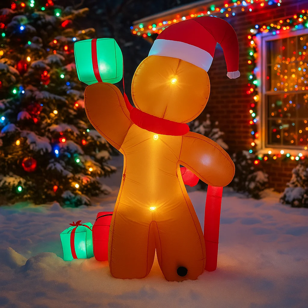 2,4 m/7,8 ft aufblasbare Lebkuchenmann Zuckerstange mit Geschenk LED-Leuchten Heimdekorationen Spielzeug Hof Weihnachten Urlaub Dekor liefert