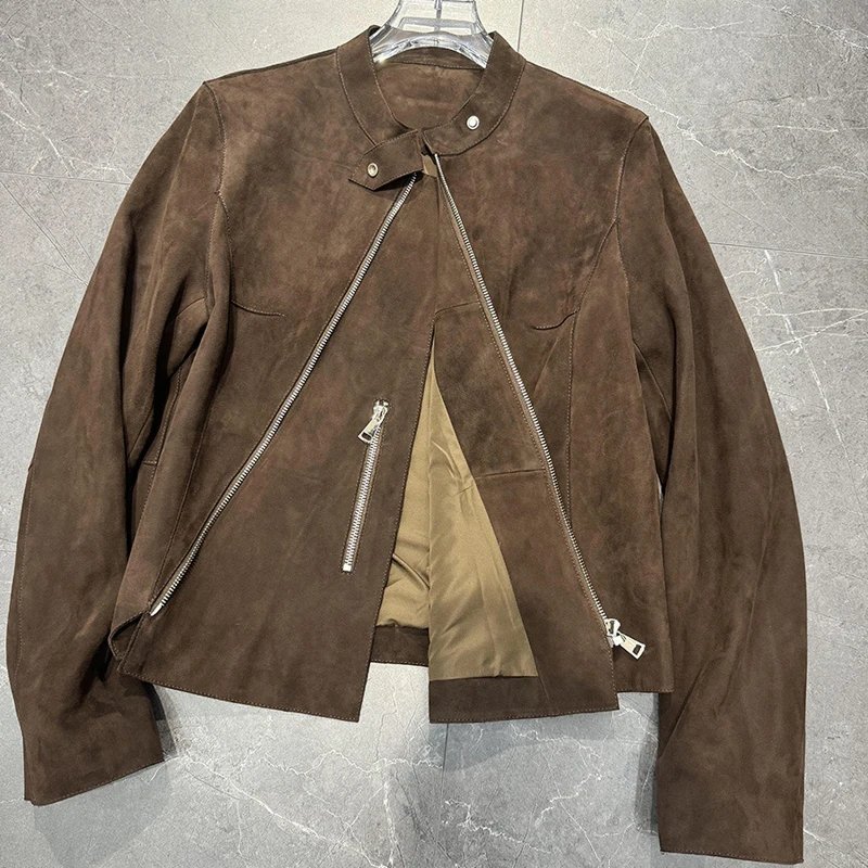 레트로 커피 스웨이드 키드 가죽 숏 재킷 여성용 2025 가을 패션 사선 지퍼 A라인 진짜 가죽 긴팔 재킷