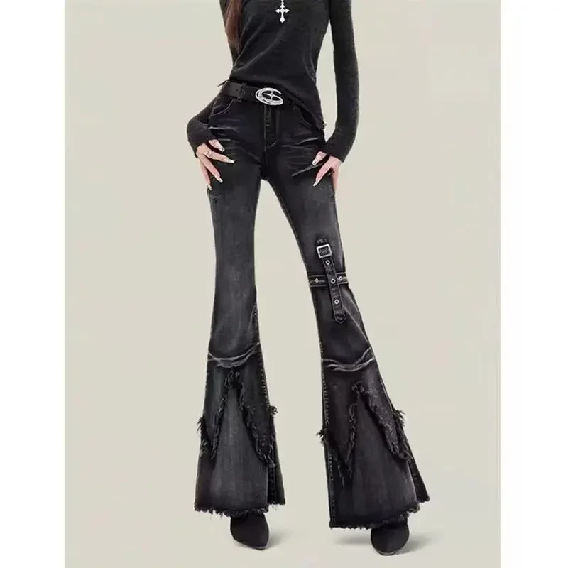 

American Retro Oversized Gothic Black Flare Jeans Women Y2k Fashion Stretch Slim Denim Pants Streetwear Vintage Trousers