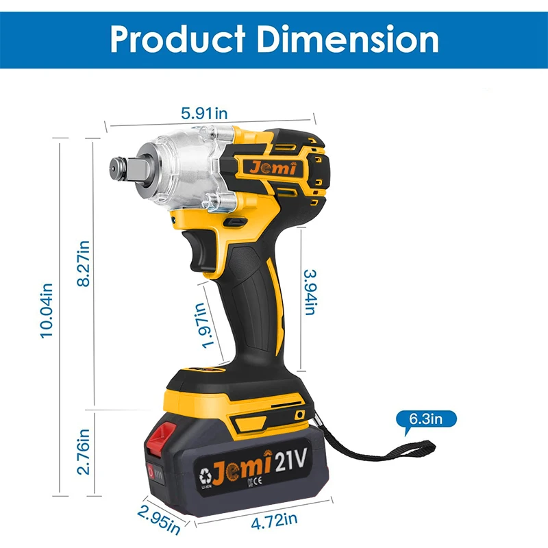 Jemi Tool Cordless High Torque Impact Wrench 520N.m Brushless Motor Power Impact Driver Gun 1/2 inch Electric Drill Compact Set