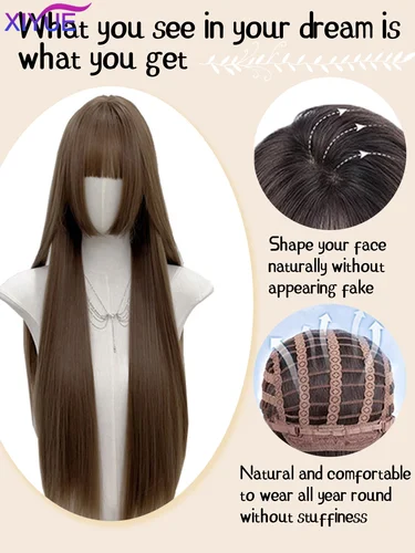 Imagen 2 del producto Peluca larga sintética de aspecto Natural con flequillo de corte princesa, peluca marrón larga resistente al calor para mujer