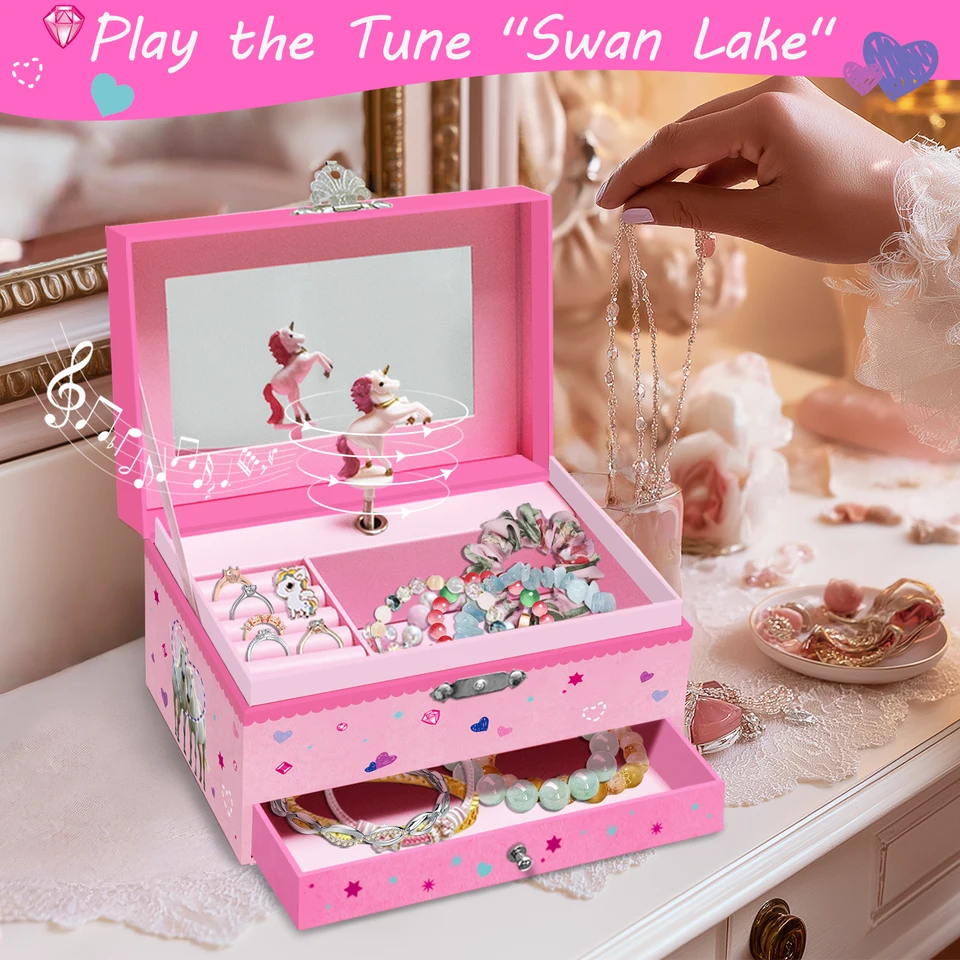Pink White Unicorn Music Jewelry Storage Box, Wind-Up Rotating