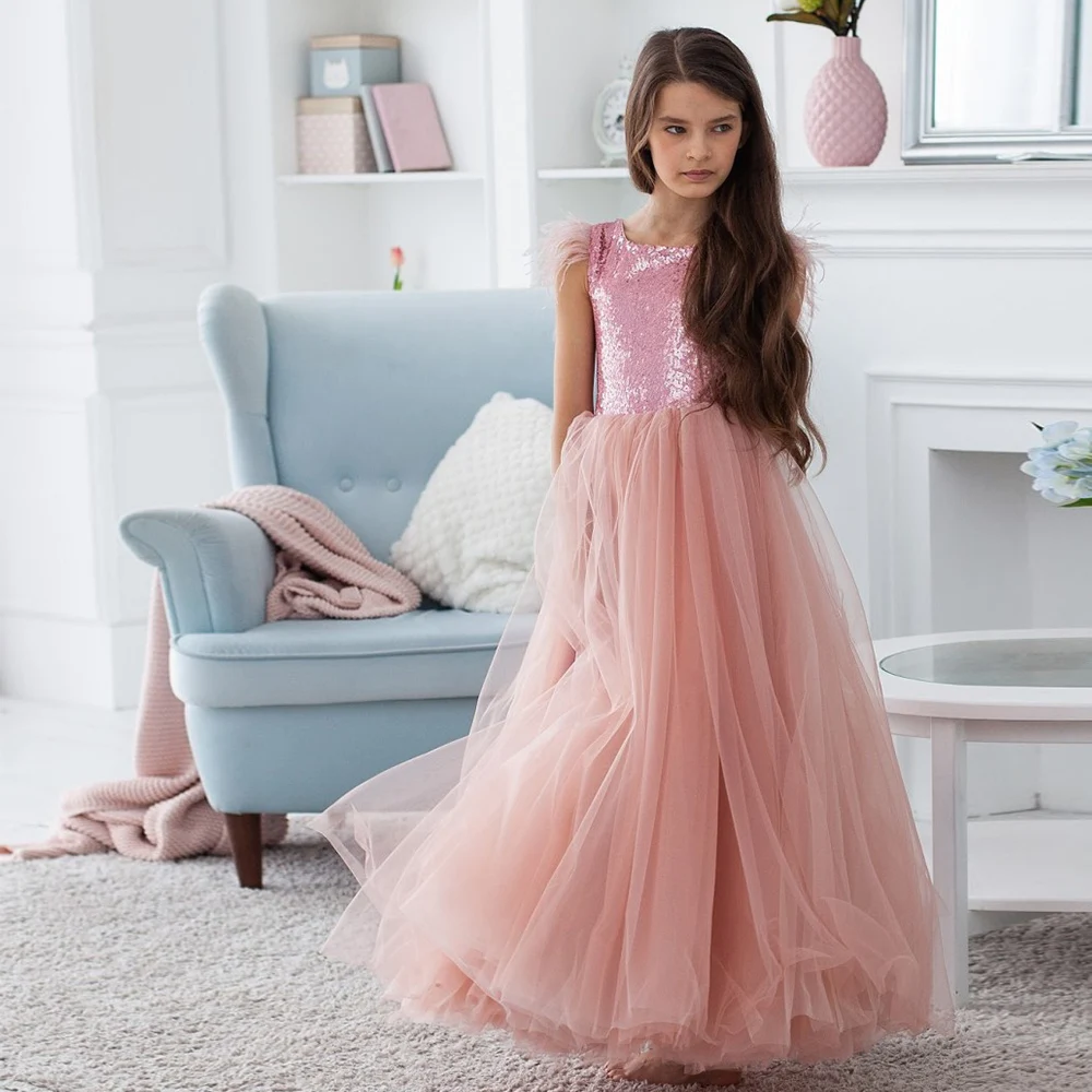 

Scoop Sleeveless Flower Girl Dresses A Line Pink Tulle Baby Birthday Dress Sequined with Big Bow Платья для девочек-цветочниц