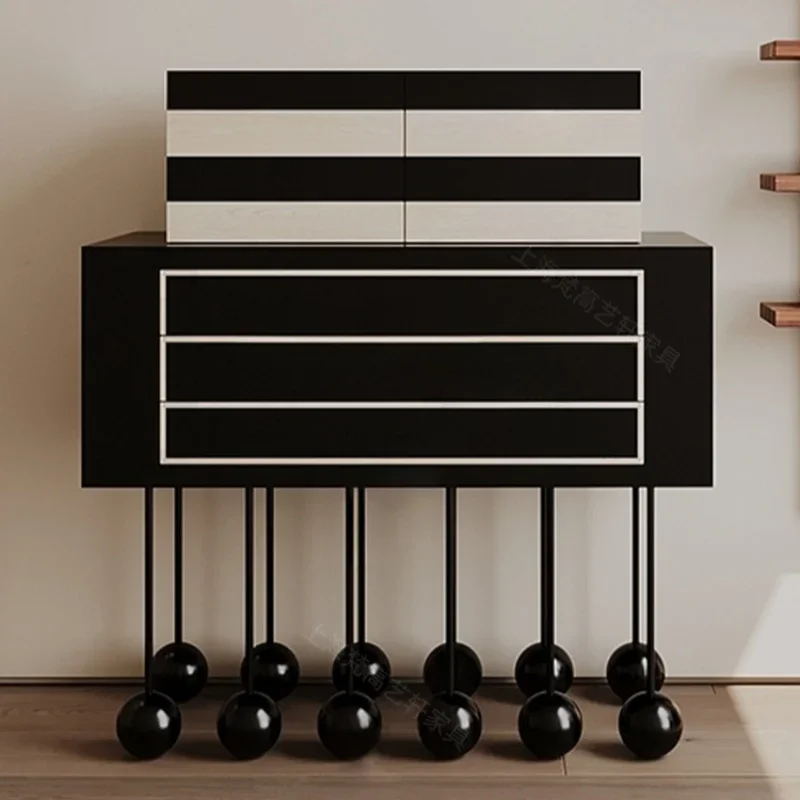 French retro black and white color scheme side cabinet creative design solid wood porch cabinet living room storage