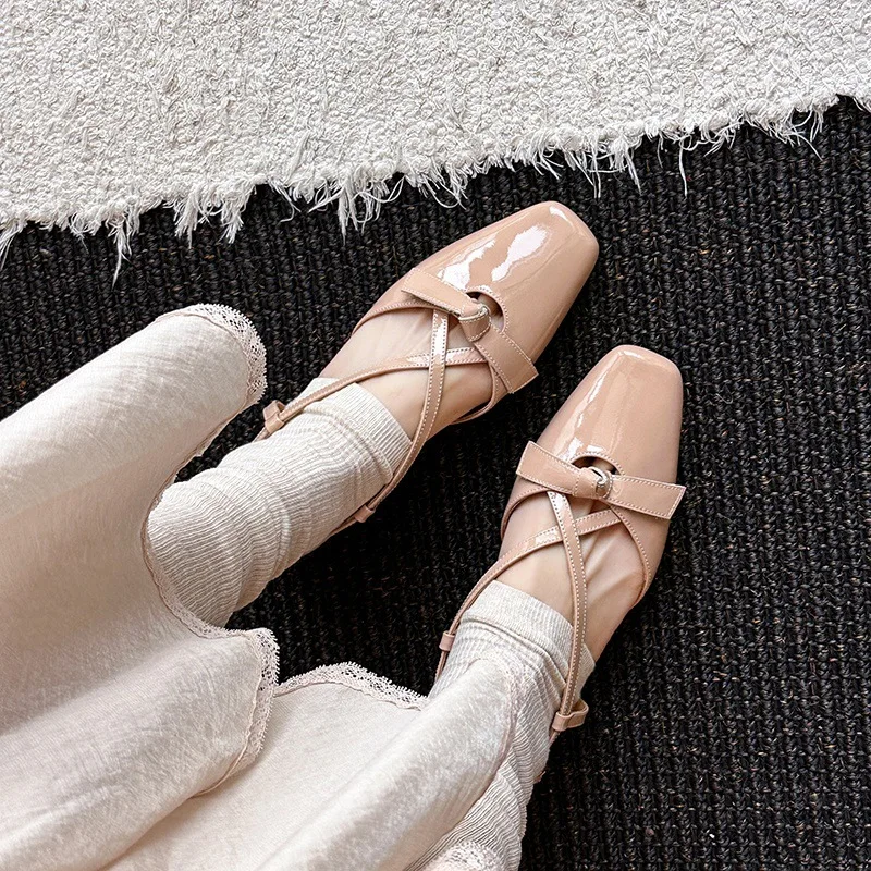 Arden Furtado 2025 Summer cowhide sweet bowknot Closed toe Sandals Square toe Low heel Back Strap Modern Sandals Large size