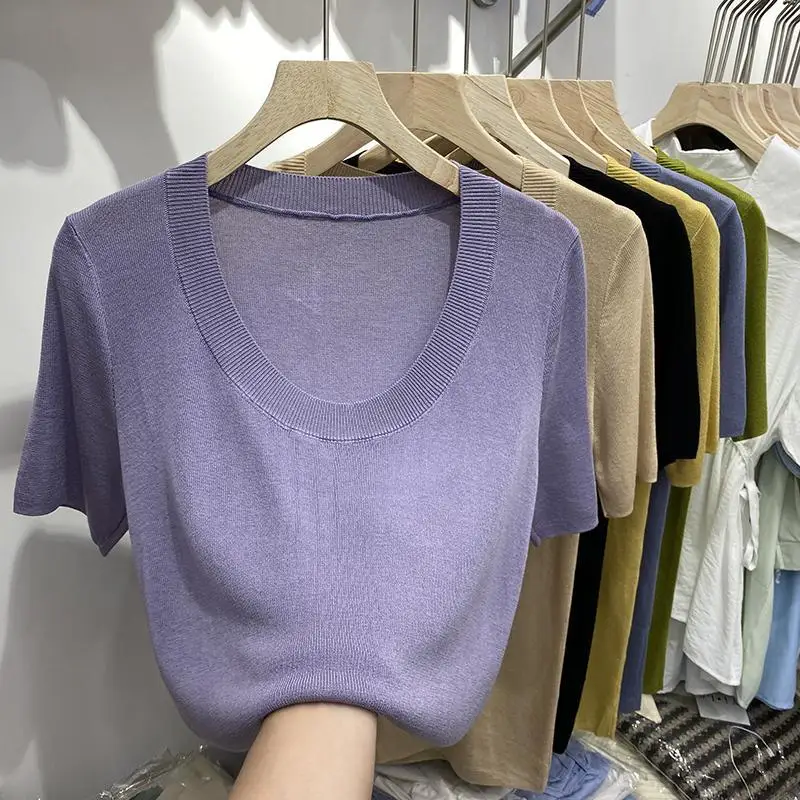 

Fashion O-Neck Knitted Solid Color Short Sleeve T-Shirts Women's Clothing 2024 Summer New Slim Korean Tops Commuter Tee Shirt