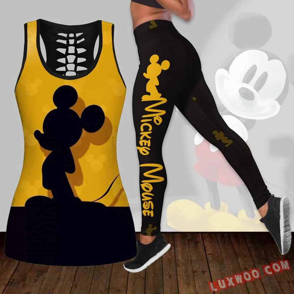 Disney Minnie Women's Hollow Vest + Women's Leggings Yoga Suit Fitness Leggings Sports Suit Disney Tank Top Legging Set Outfit