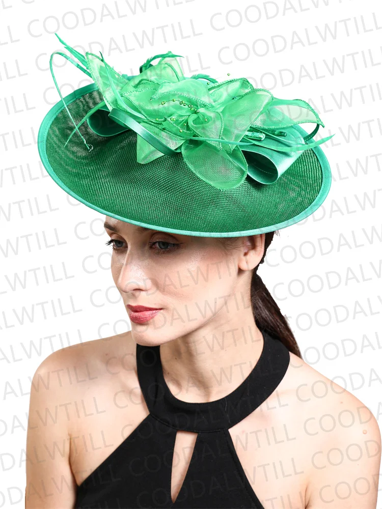 Green Wedding facinators hats for women Headband Church Feather Hair Accessories Femme Pillbox Cap chapeau ceremonie mariage