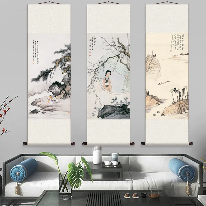Peinture sur toile vintage de figure chinoise, affiche de poèmes de prairie, impression d'art financièrement asiatique, photo murale pour le salon, décoration d'intérieur