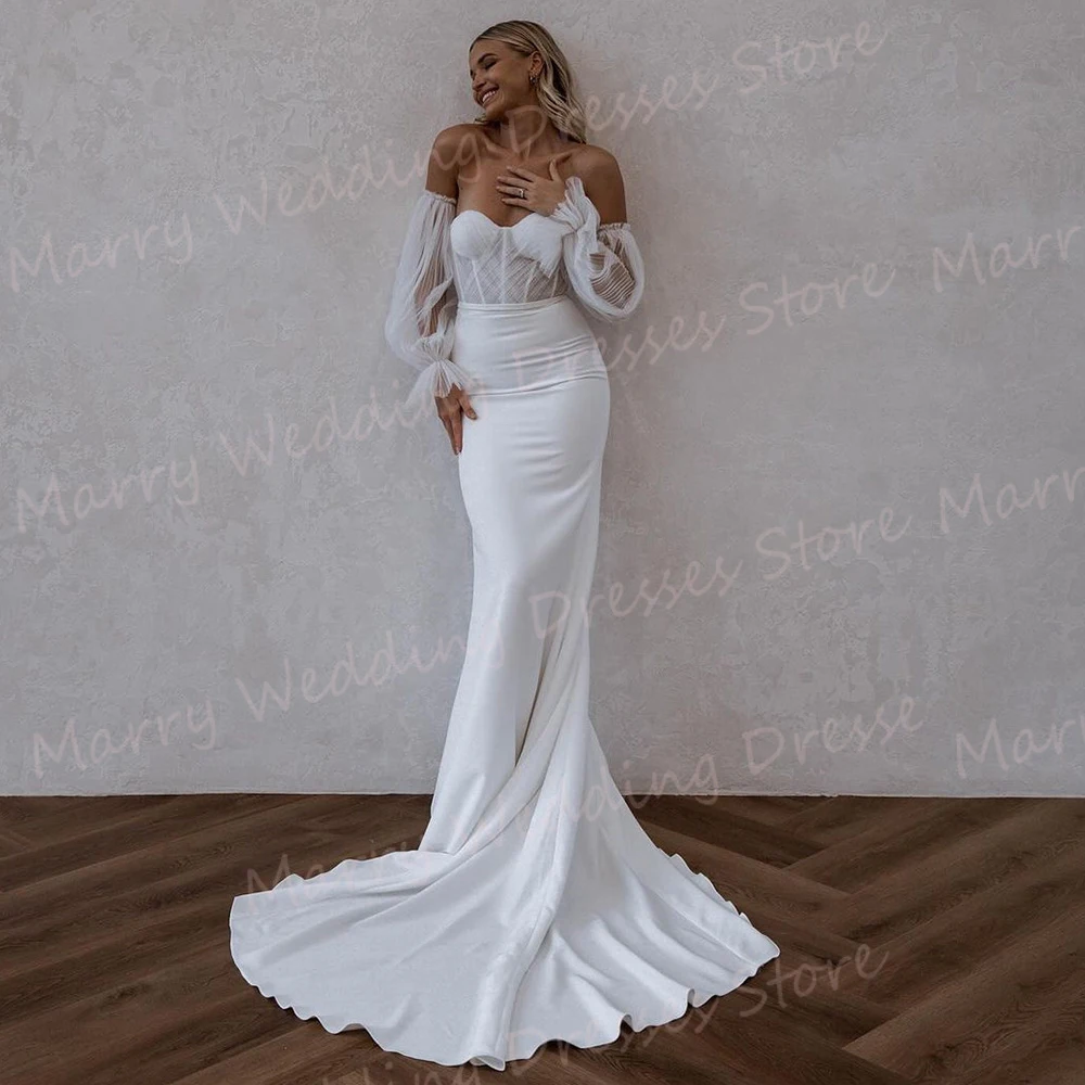 

Simple Modest Mermaid Popular Women's Wedding Dresses Charming Sweetheart Bride Gowns Puff Sleeve Backless Vestidos De Fiesta