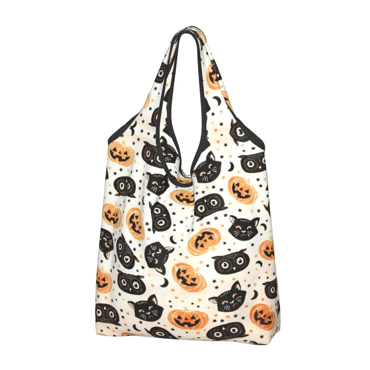 Cute Printed Halloween Pumpkin Owl Shopping Tote Bag Portable Shopper Shoulder Handbag