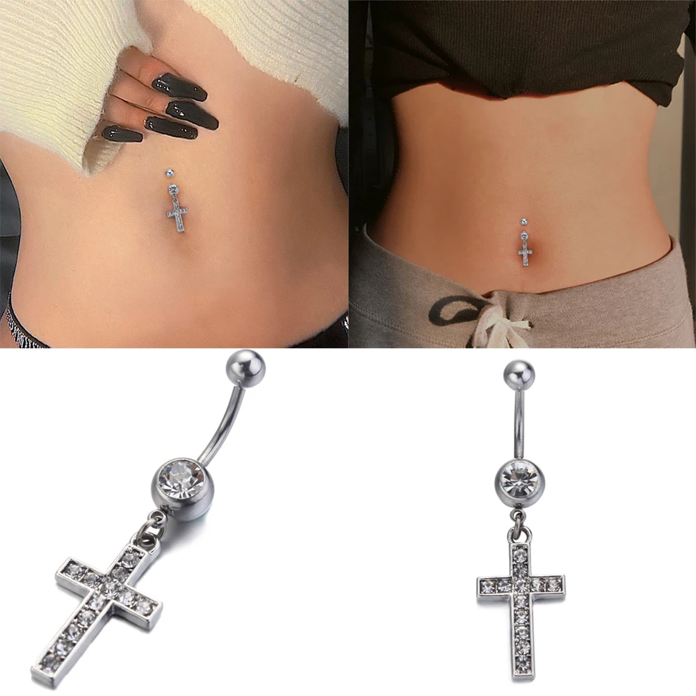 Hollow Cross Dangle Belly Button Rings Navel Piercing Bar Clear Black CZs Belly Piercing Navel Gothic Body Jewelry Punk