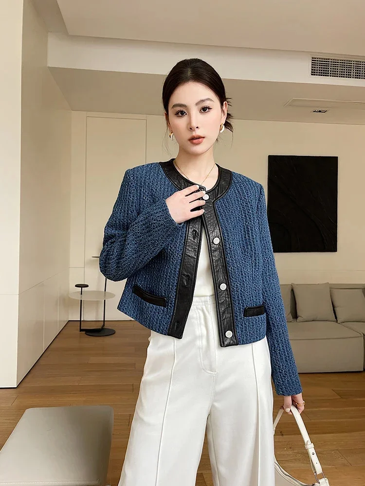 Leder echte Patchwork Tweed Jacke für Frauen Frühling Herbst 2024 Trend High-End O-Ausschnitt elegante kurz geschnittene Schaffell Mantel