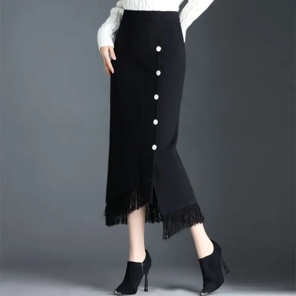 Knitting Skirts Ladies Autumn Winter Houndstooth High Waist Tassel Fleece All-match A-line Skirt Women Clothes Fashionable Skirt