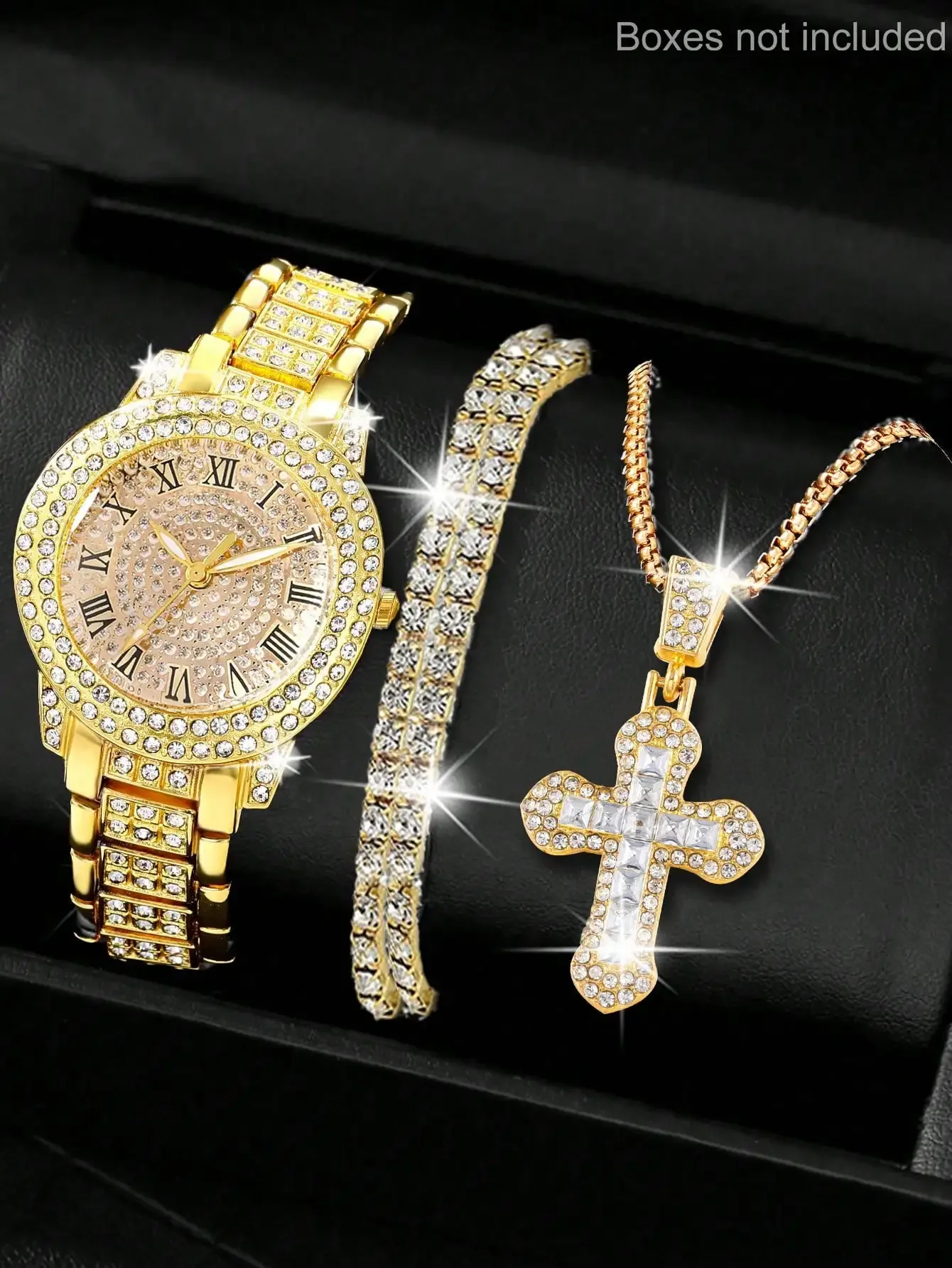 1 Set Women's Fashion Charm Quartz Watch & Jewelry Set, Gold Round Dial Watch With Rhinestone Bracelet And Necklace,