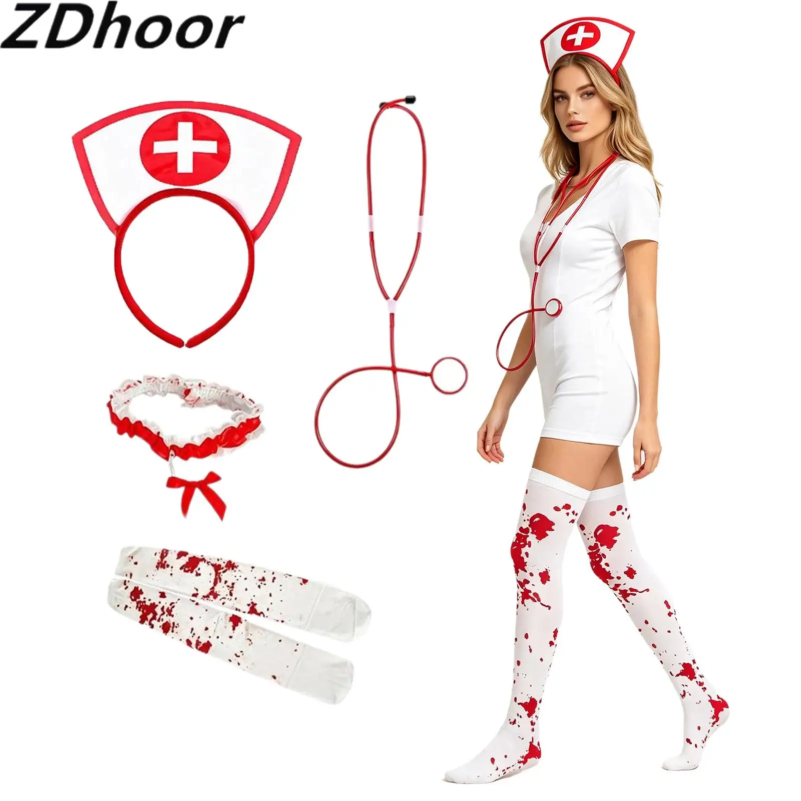 Nurse Costume Accessories Set Headband Hat Stocking Gloves Glasses Lace Garters with Faux Stethoscope for Halloween Cosplay