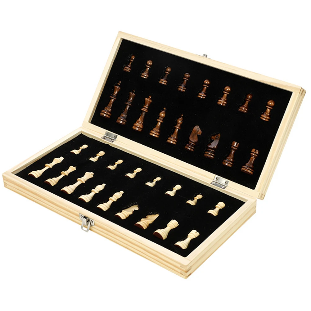 

1 Set Foldable Chess Checkers Set Wooden Case Travel Chess Board Portable Educational Toys for Home Kids Adults (39x39x2