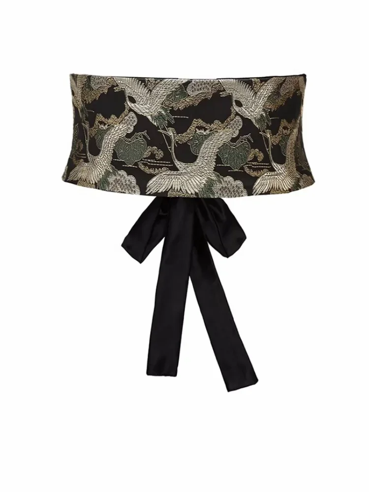 Cintura larga da donna in stile retrò, gru di colore nero con stampe per tutte le partite, cintura per abiti, kimono Obi, accessori Hanfu