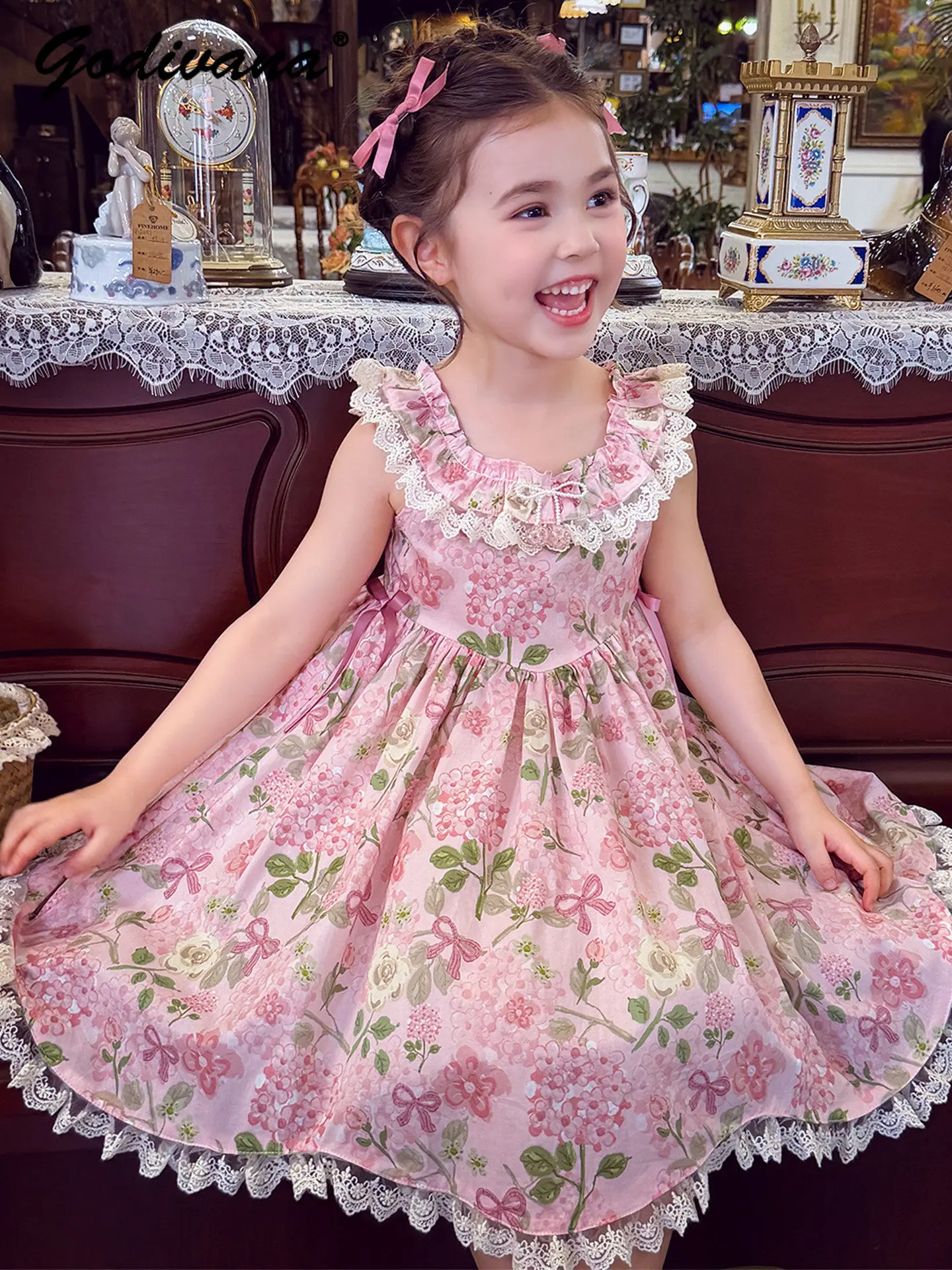 Sweet Baby Girls 2026 New Summer Floral Sundress Kids Elegant Lace Trim High Waist Soft Cotton Sleeveless A-line Cake Slip Dress