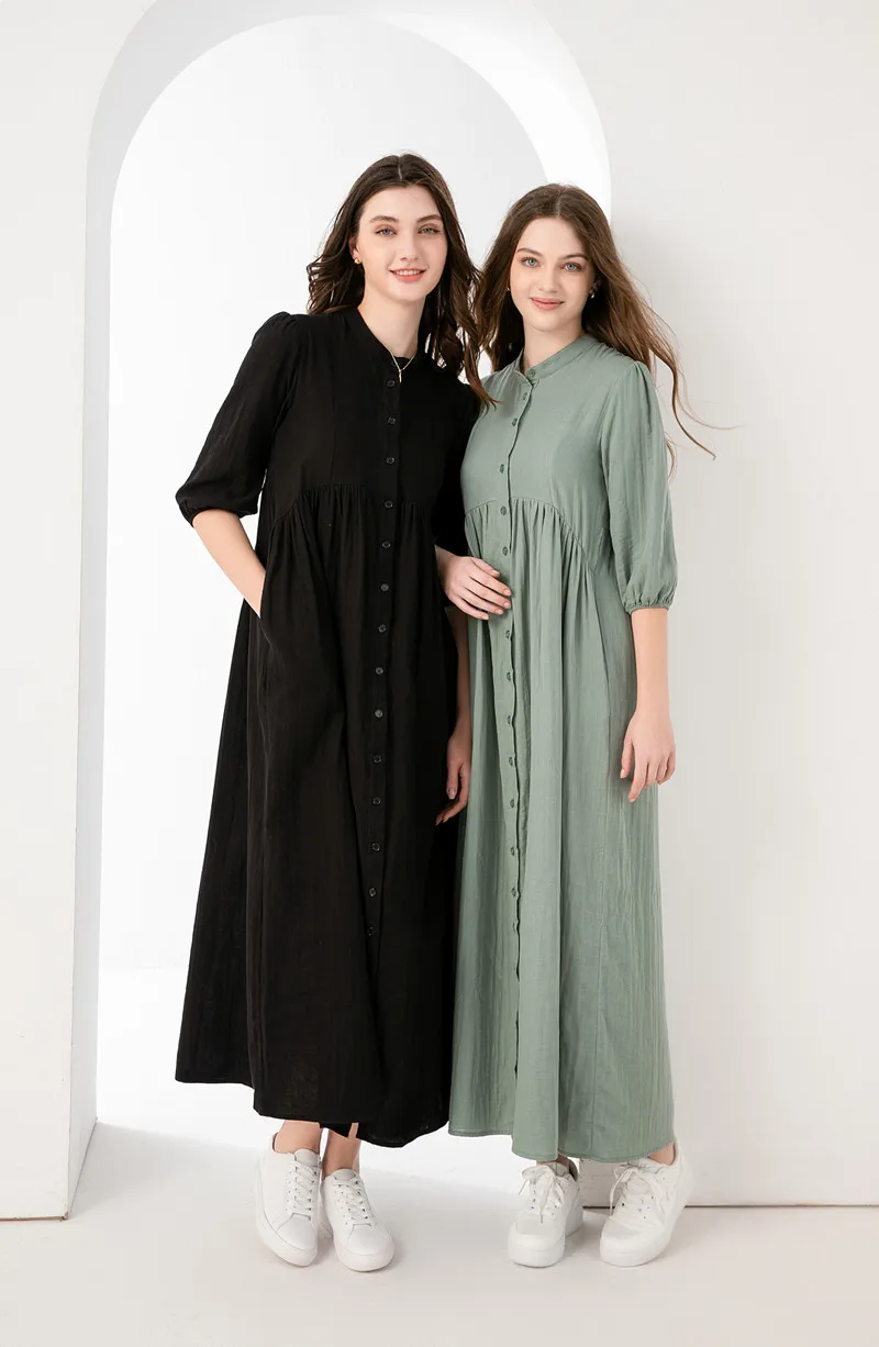 AS 2024 summer 3/4 sleeve gauze dress breathable 100% cotton woman clothing maxi dress with lining  ( Ship out in 1 day)