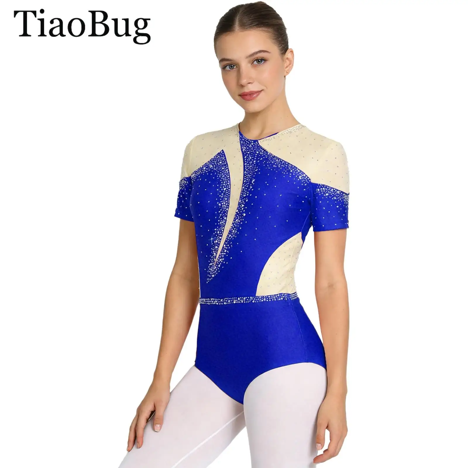

Женский купальник для балета и гимнастики, костюм для фигурного катания, комбинезон со стразами, прозрачная сетка, танцевальное боди с короткими рукавами