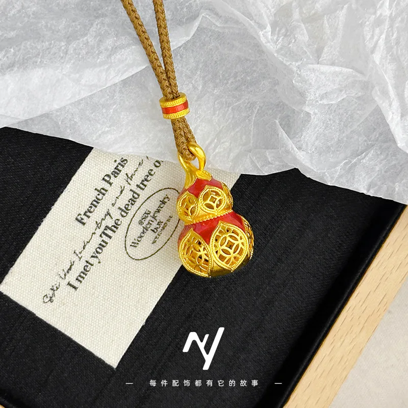 

999 real gold, ethnic and national style, openwork enamel color copper coin gourd pendant, coffee braided rope gourd necklace
