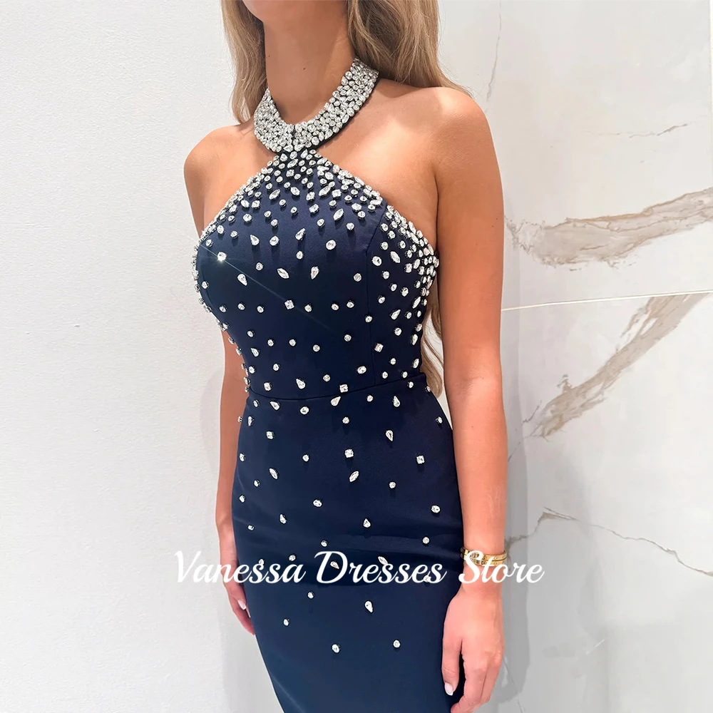 Robe de soirée saoudienne en cristal scintillant, col licou, personnalisée, sans manches, sirène, dos nu, bleu foncé, robe de soirée