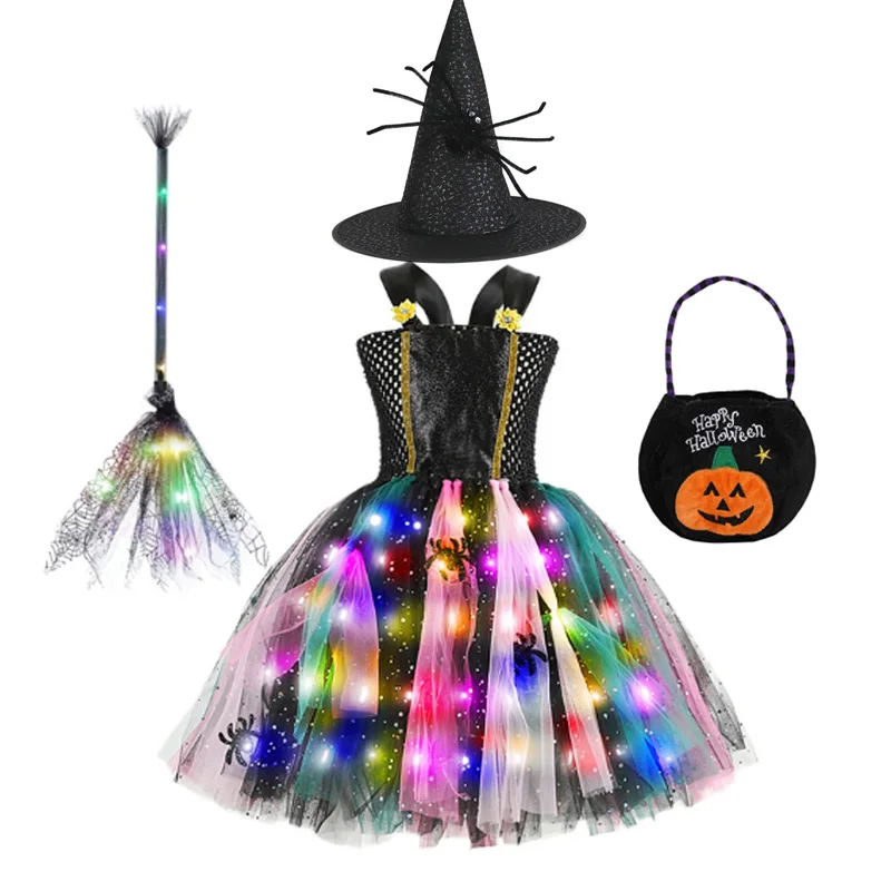 

Girls Halloween Witch Costume Tutu Princess Dress with LED Light Fancy Disguise Party Cosplay KIds Clothing Children 3-8Y