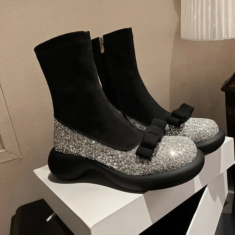 

Black Suede Women Ankle Boots Round Toe Platform Bowknot Short Botas Silver Sequined Princess Autumn Botines Femininos Zapatos