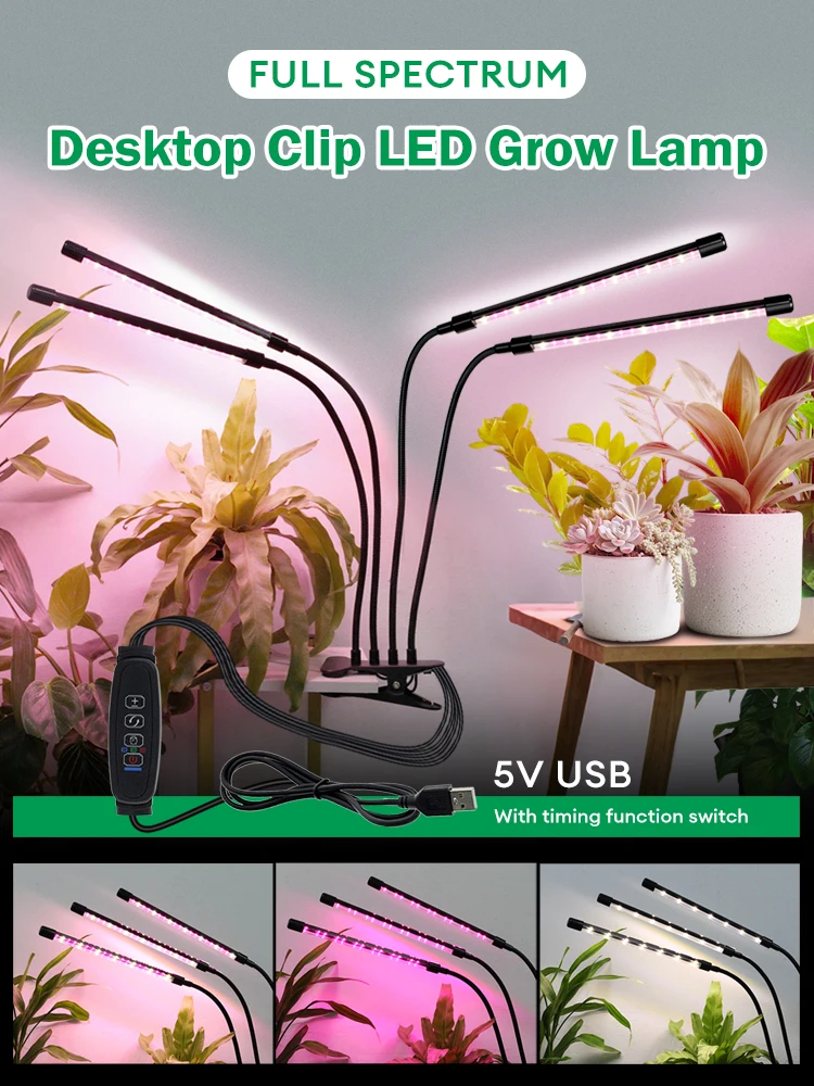 LED-Pflanzenlampe, USB-betrieben, flexibler Schwanenhals, mit Timer, einstellbares Vollspektrum für Zimmerpflanzen, Hydroponik, Indoor-Gärtnerei, Gartenbau