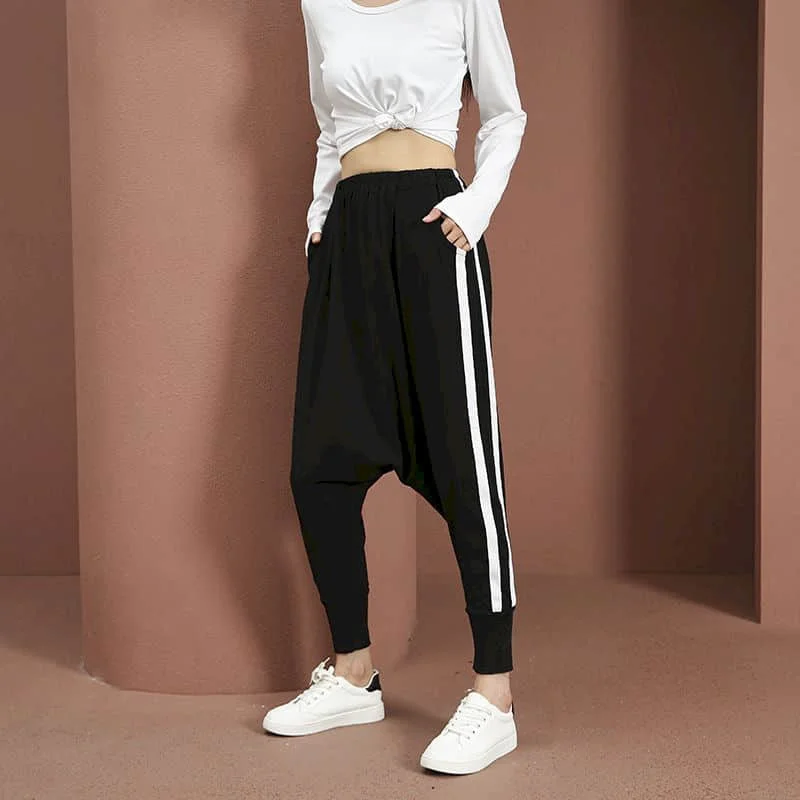 Baggy Pants Women Elastic Waist Loose Casual Capri Dropped-crotch Pants Korean Style Color Blocking Streetwear Women Clothing