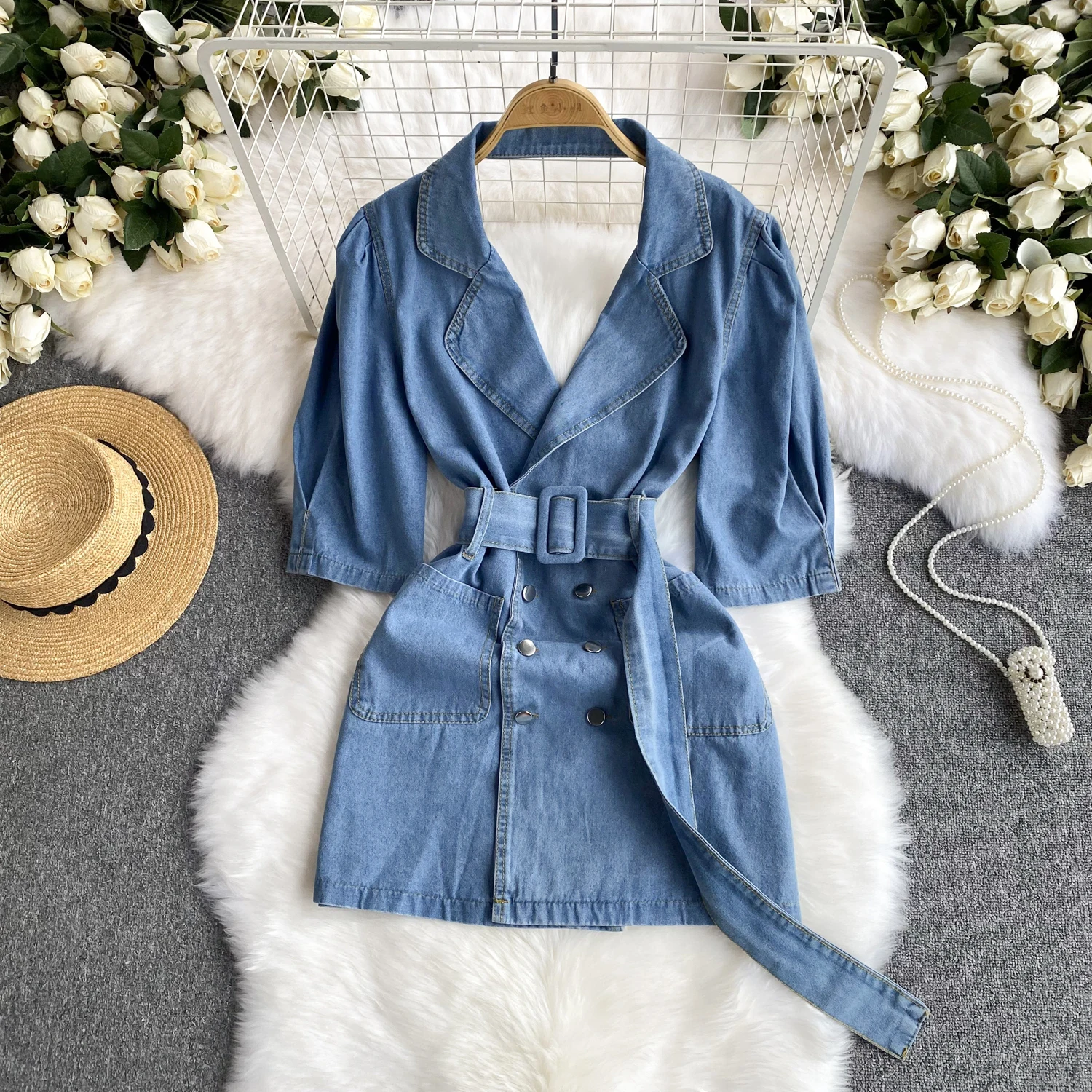 Women Summer Short Sleeve Jeans Dress Spice Girl V-Neck Double-Breasted Sashes Slimming Denim A-line Dresses