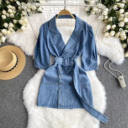 Women Summer Short Sleeve Jeans Dress Spice Girl V-Neck Double-Breasted Sashes Slimming Denim A-line Dresses