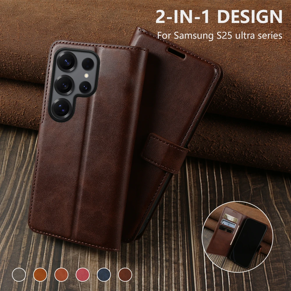 Calf Leather Flip Case For Samsung Galaxy S26 Ultra S25 FE S24 S23 S22 S21 Plus A37 A57 A27 M36 A17 A26 A36 A55 Phone Case Cover