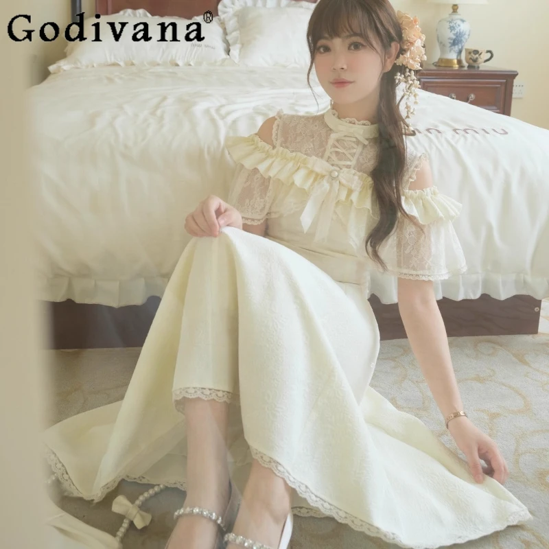 Vestido elegante estilo japonês para mulheres, ombro de fora, gravata transparente, longo, lolita, verão, laço, vestido de princesa