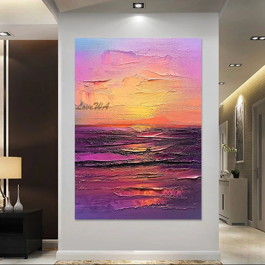 

Фиолетовая стильная Акриловая картина маслом с ножом, без рамки, абстрактная морская пейзаж, текстурированная холщовая декорация, художественное уличное настенное искусство, картина