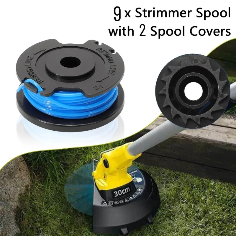 Durable Grass Trimmer Spool Line Set 9 Lines & 2 Spool Covers Fit Karcher LTR 18-30 Part#2.444-016.0 Garden Trimmer Replacement