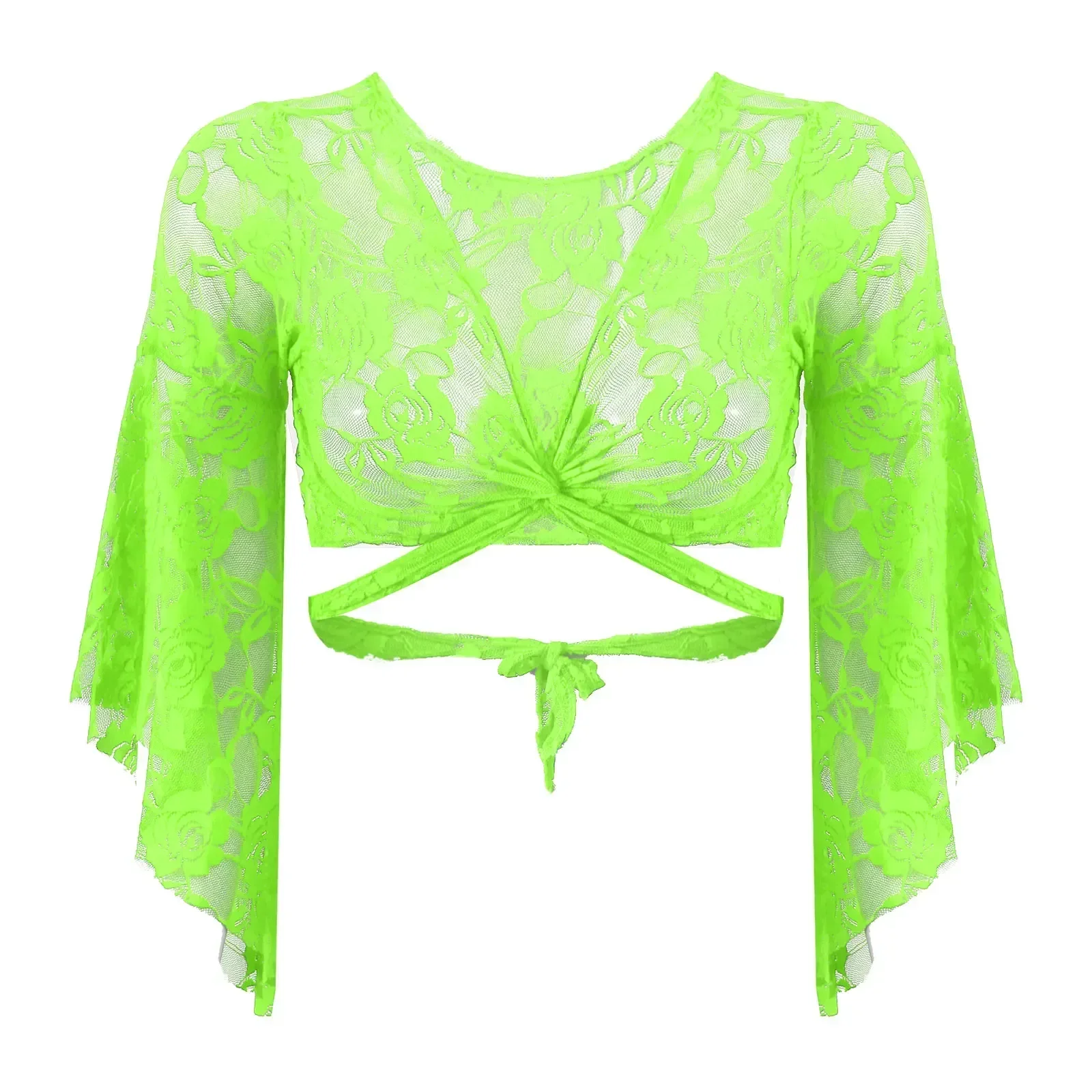 Damskie Przezroczyste Koronkowe Narzutki Strój do Tańca Brzucha Damski Top do Tańca Brzucha Rękaw 3/4 Rozszerzany Kardigan Sznurowany Otulający Crop Top