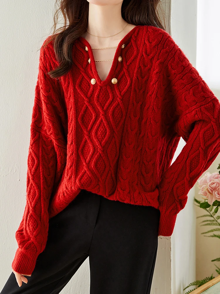 

Red V-neck Twisted Sweater Women Autumn Winter Gentle Temperament Lazy Style Knitted Tops Loose Casual Outerwear