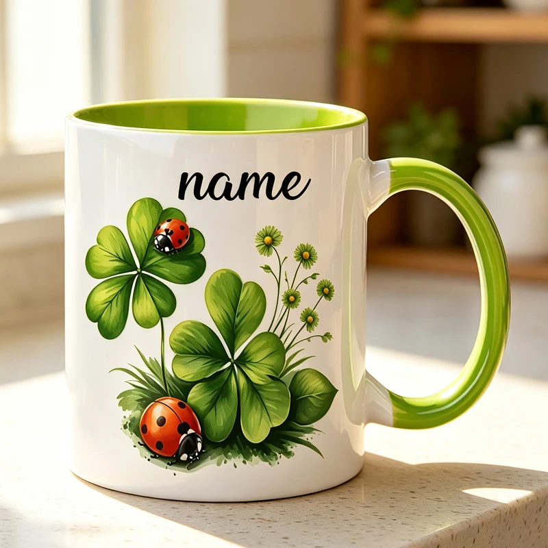 Lucky Four-Leaf Clover Mug – Personalized Ceramic Coffee Mug with Custom Name; Perfect for Birthdays and Housewarming Gifts