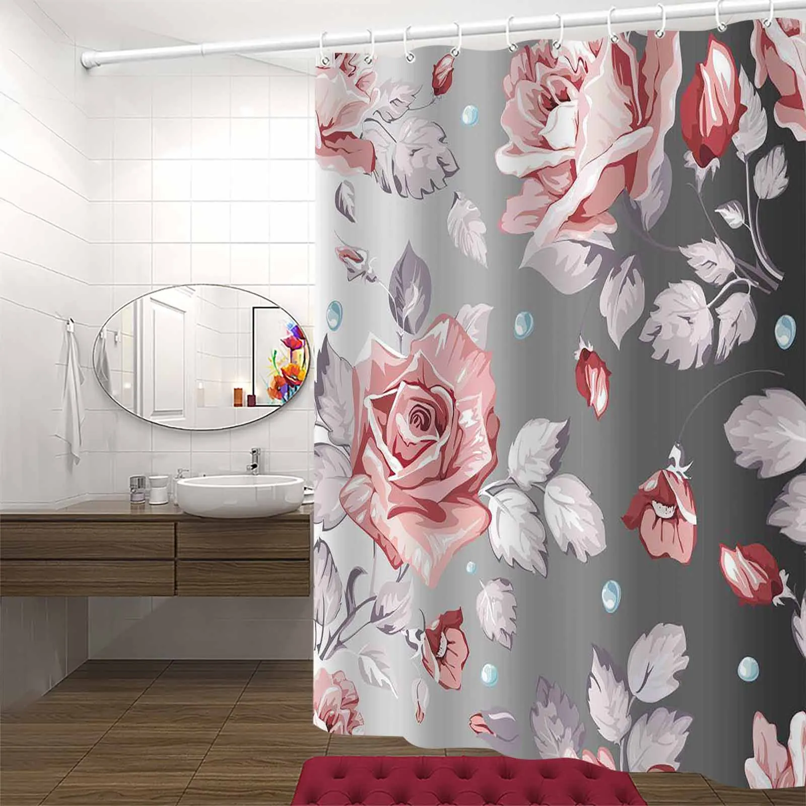 1pc Retro Rose Water Drop Flower Shower Curtain, High end Elegant Bathroom Curtain, Bathroom Decoration Pattern