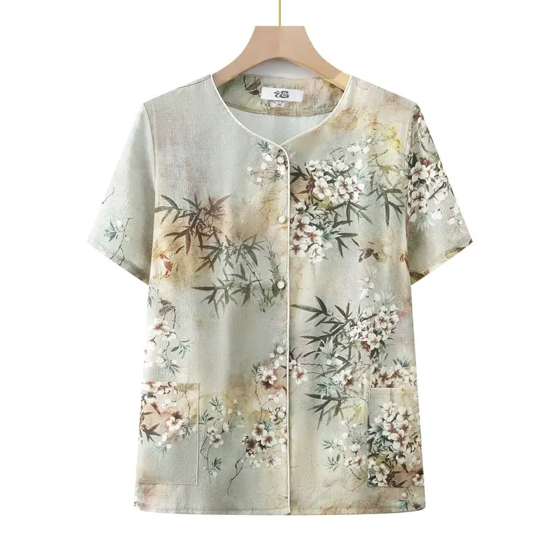

Summer Short Sleeve Shirt Stylish Collar Loose Top for Middle-aged and Elderly Women