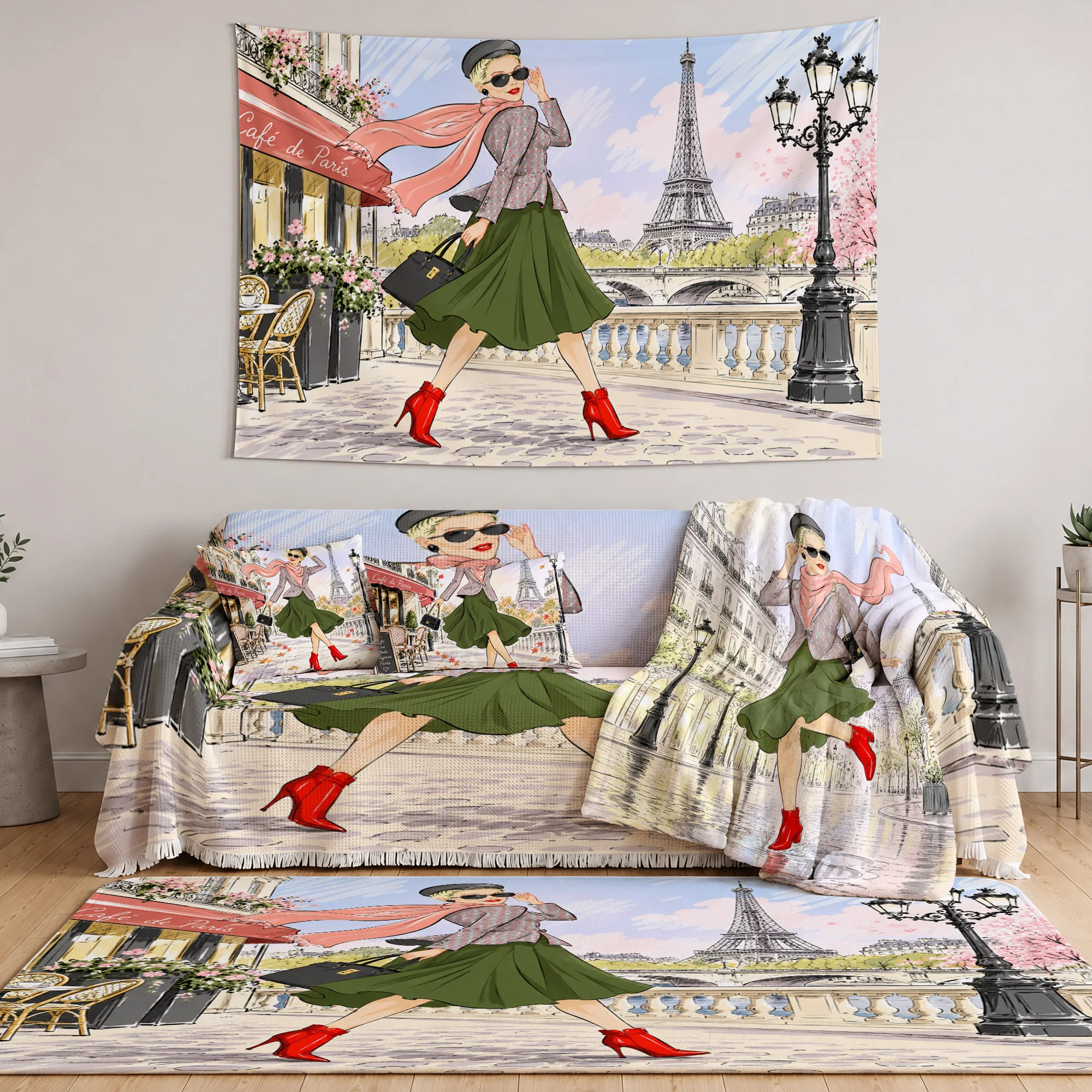 Paris Cafe Style Throw Blanket Cushion Cover Wall Hanging and Area Rug Decor