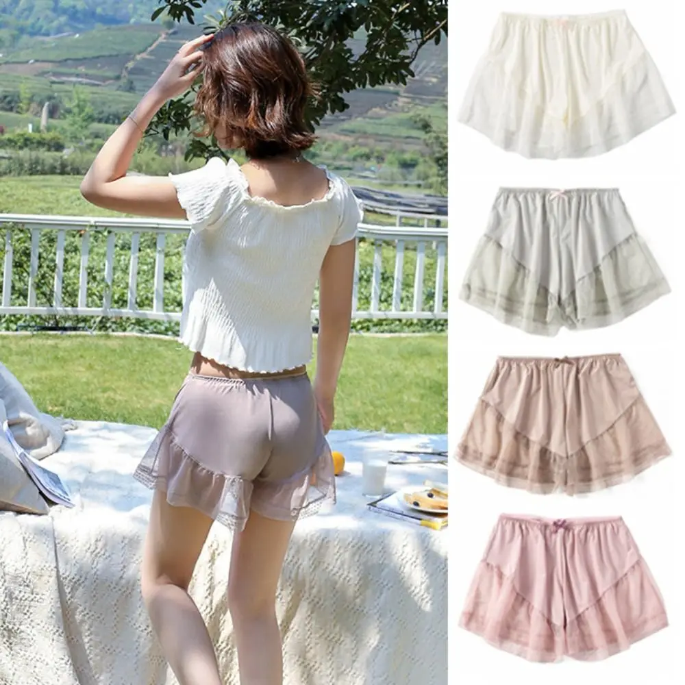 

Leggings Ice Silk Safety Short Pants Loose Bowknot Mesh Seamless Shorts Thin Sleep Bottoms Sleep